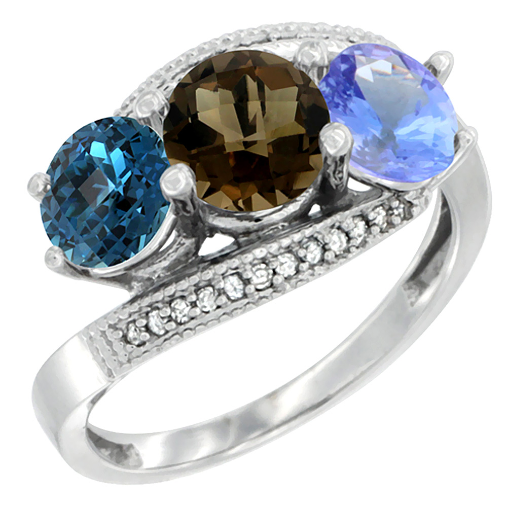 10K White Gold Natural London Blue Topaz, Smoky Topaz &amp; Tanzanite 3 stone Ring Round 6mm Diamond Accent, sizes 5 - 10