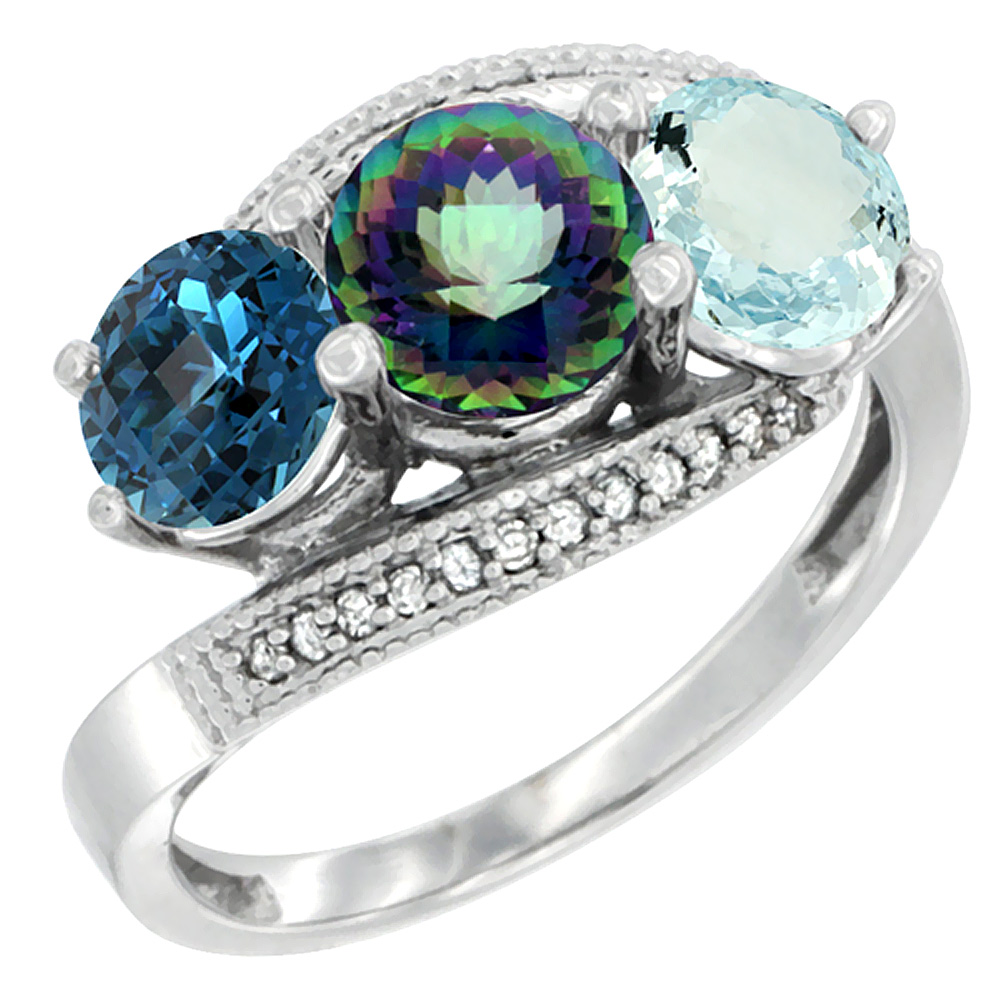 10K White Gold Natural London Blue Topaz, Mystic Topaz & Aquamarine 3 stone Ring Round 6mm Diamond Accent, sizes 5 - 10