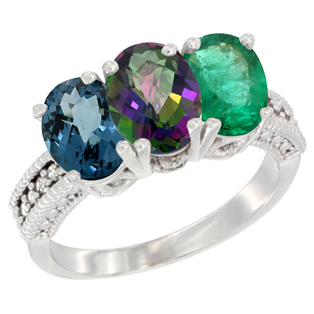14K White Gold Natural London Blue Topaz, Mystic Topaz &amp; Emerald Ring 3-Stone 7x5 mm Oval Diamond Accent, sizes 5 - 10