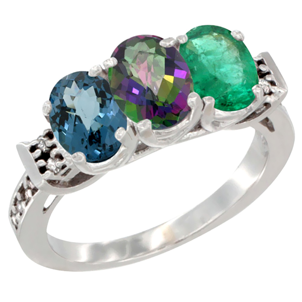 10K White Gold Natural London Blue Topaz, Mystic Topaz &amp; Emerald Ring 3-Stone Oval 7x5 mm Diamond Accent, sizes 5 - 10