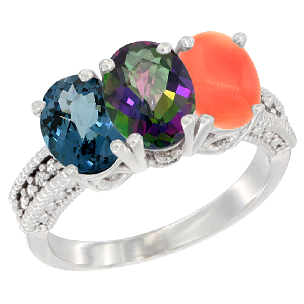 10K White Gold Natural London Blue Topaz, Mystic Topaz &amp; Coral Ring 3-Stone Oval 7x5 mm Diamond Accent, sizes 5 - 10