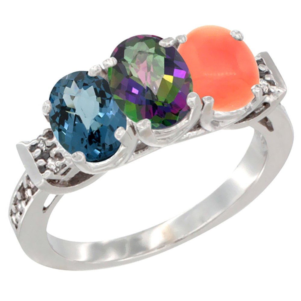 10K White Gold Natural London Blue Topaz, Mystic Topaz &amp; Coral Ring 3-Stone Oval 7x5 mm Diamond Accent, sizes 5 - 10