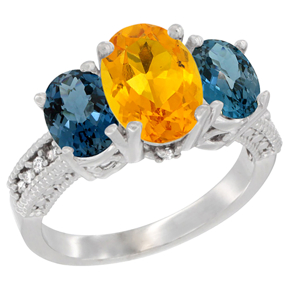 14K White Gold Diamond Natural Citrine Ring 3-Stone Oval 8x6mm with London Blue Topaz, sizes5-10