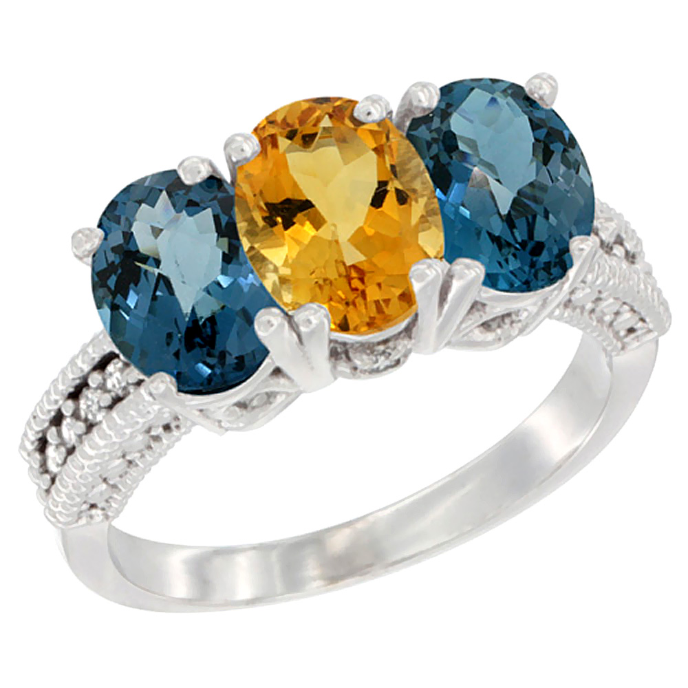 14K White Gold Natural Citrine & London Blue Topaz Sides Ring 3-Stone 7x5 mm Oval Diamond Accent, sizes 5 - 10