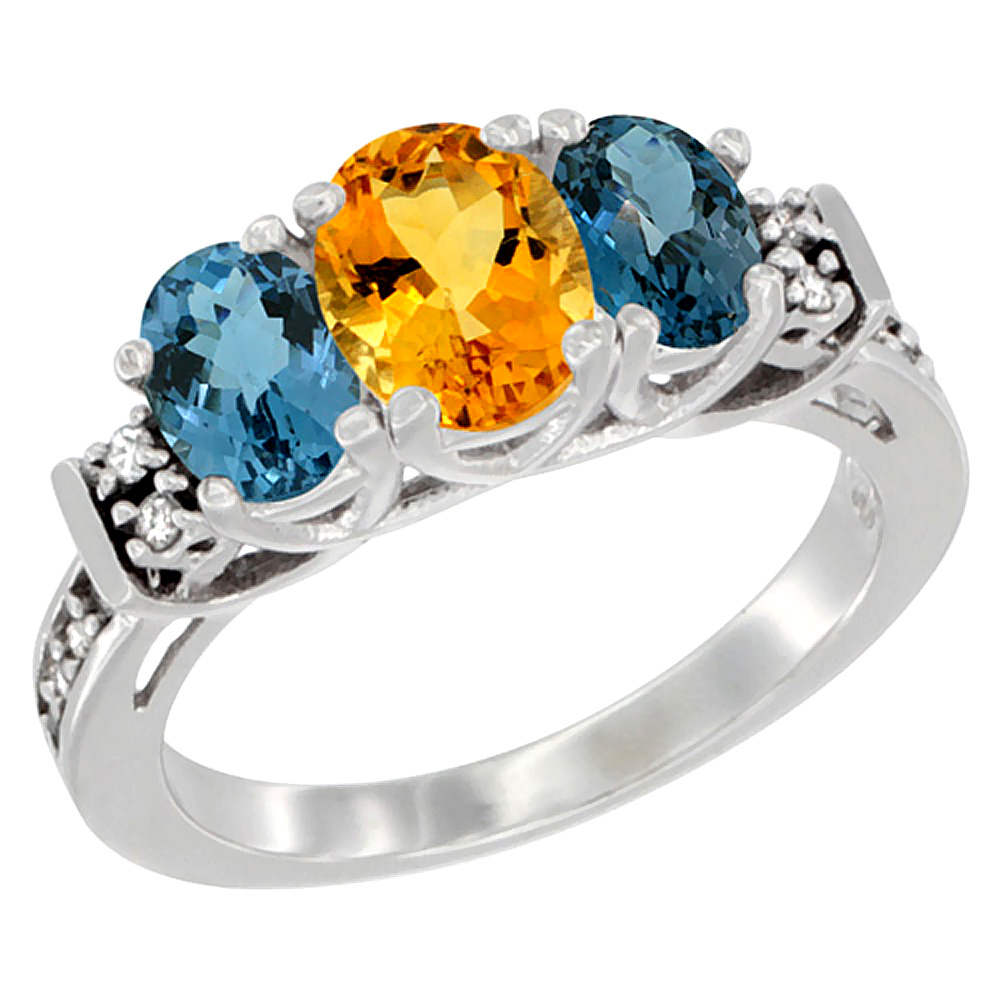 10K White Gold Natural Citrine & London Blue Ring 3-Stone Oval Diamond Accent, sizes 5-10