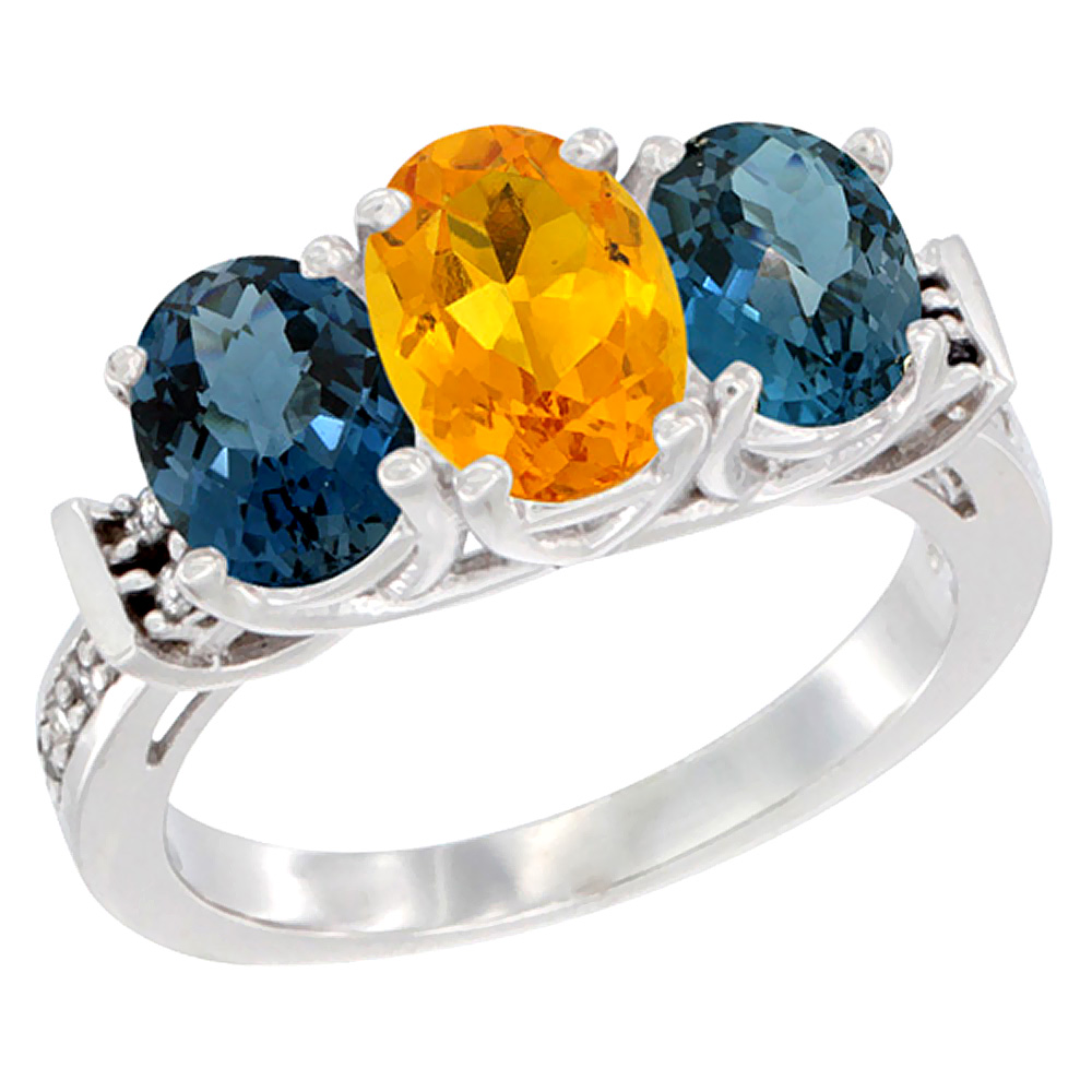 14K White Gold Natural Citrine & London Blue Topaz Sides Ring 3-Stone Oval Diamond Accent, sizes 5 - 10