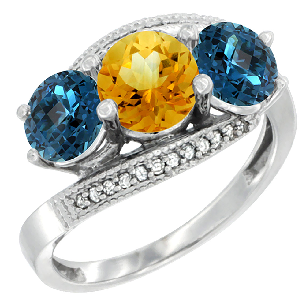 10K White Gold Natural Citrine &amp; London Blue Topaz Sides 3 stone Ring Round 6mm Diamond Accent, sizes 5 - 10