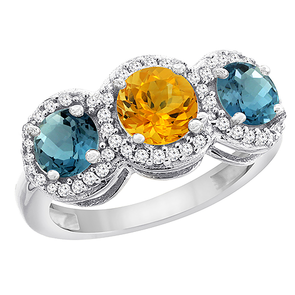 14K White Gold Natural Citrine &amp; London Blue Topaz Sides Round 3-stone Ring Diamond Accents, sizes 5 - 10