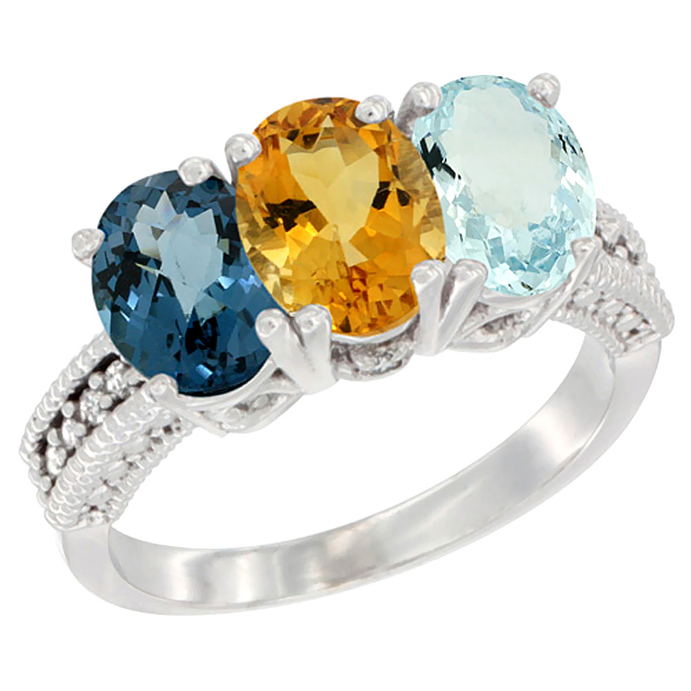 10K White Gold Natural London Blue Topaz, Citrine & Aquamarine Ring 3-Stone Oval 7x5 mm Diamond Accent, sizes 5 - 10