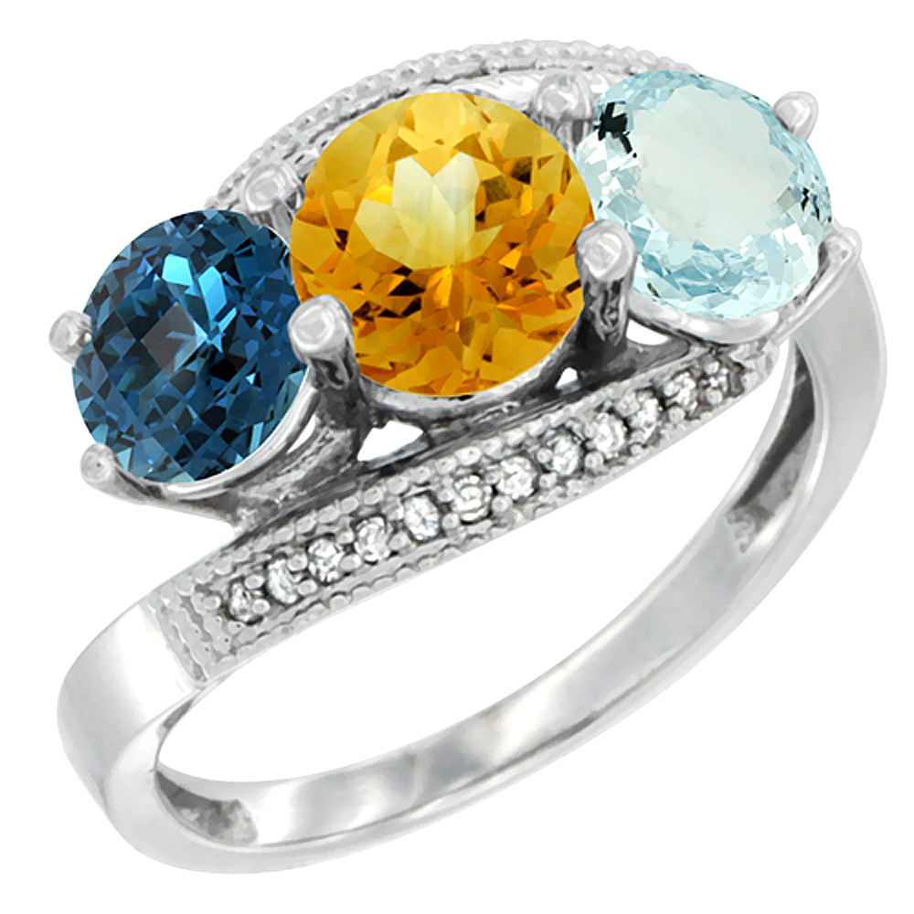 14K White Gold Natural London Blue Topaz, Citrine &amp; Aquamarine 3 stone Ring Round 6mm Diamond Accent, sizes 5 - 10