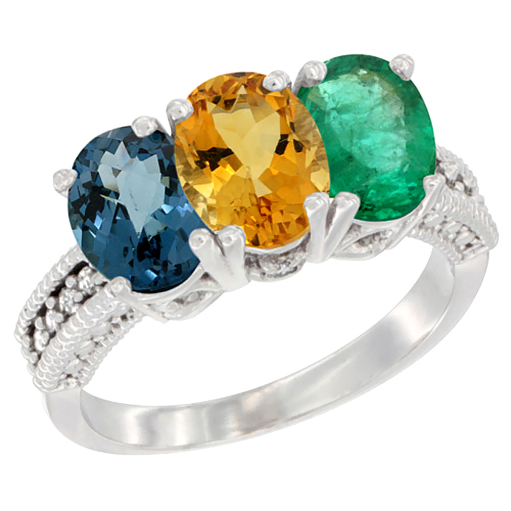 14K White Gold Natural London Blue Topaz, Citrine &amp; Emerald Ring 3-Stone 7x5 mm Oval Diamond Accent, sizes 5 - 10