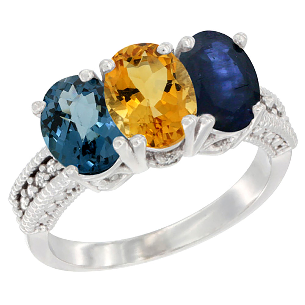 10K White Gold Natural London Blue Topaz, Citrine &amp; Blue Sapphire Ring 3-Stone Oval 7x5 mm Diamond Accent, sizes 5 - 10