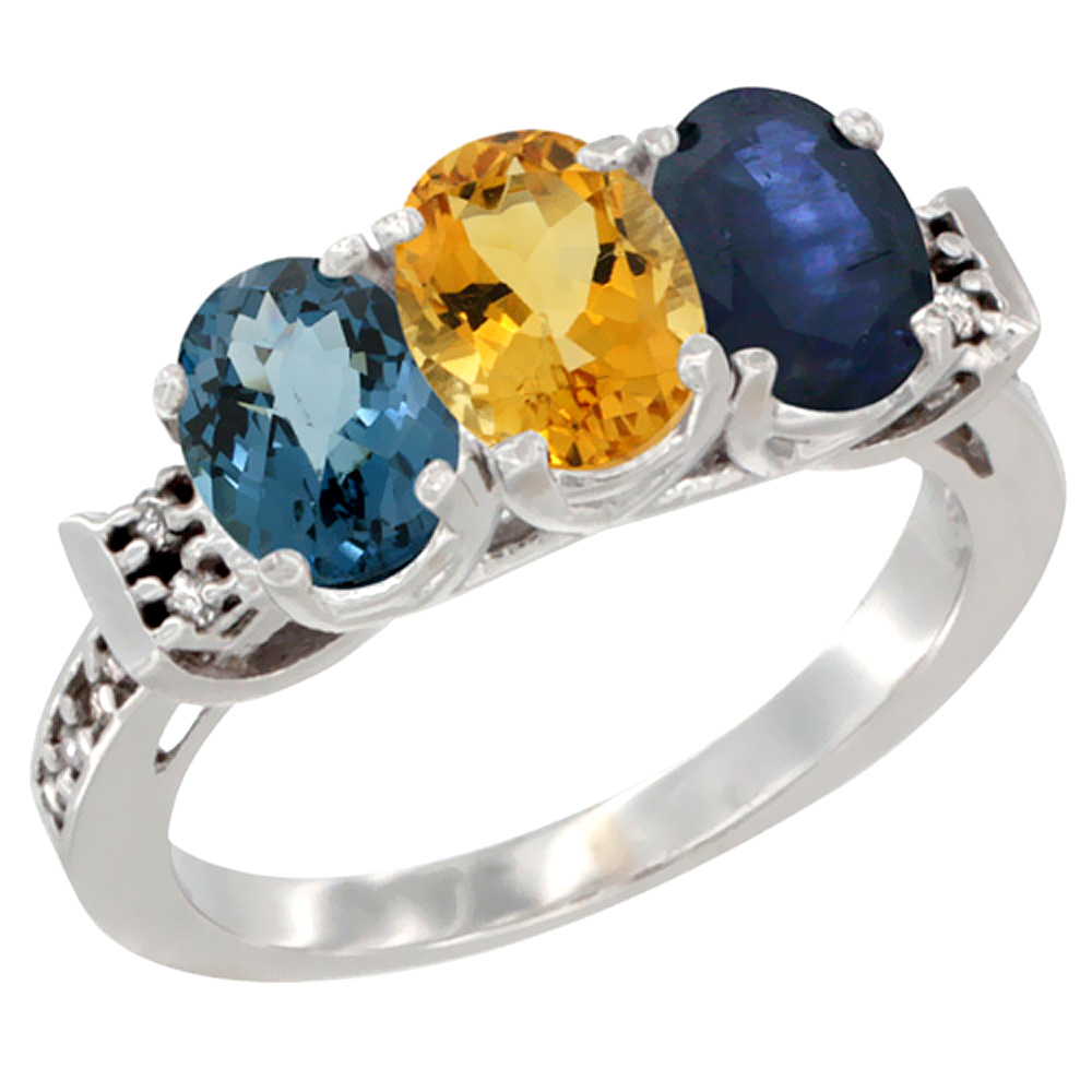 14K White Gold Natural London Blue Topaz, Citrine &amp; Blue Sapphire Ring 3-Stone 7x5 mm Oval Diamond Accent, sizes 5 - 10