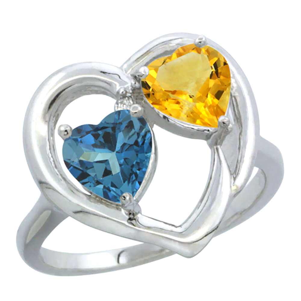 14K White Gold Diamond Two-stone Heart Ring 6mm Natural London Blue Topaz &amp; Citrine, sizes 5-10