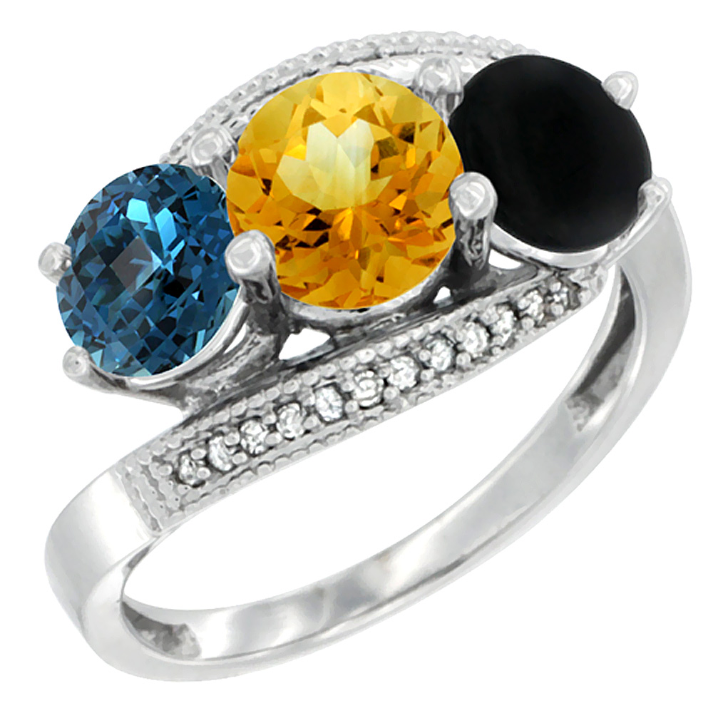 14K White Gold Natural London Blue Topaz, Citrine &amp; Black Onyx 3 stone Ring Round 6mm Diamond Accent, sizes 5 - 10