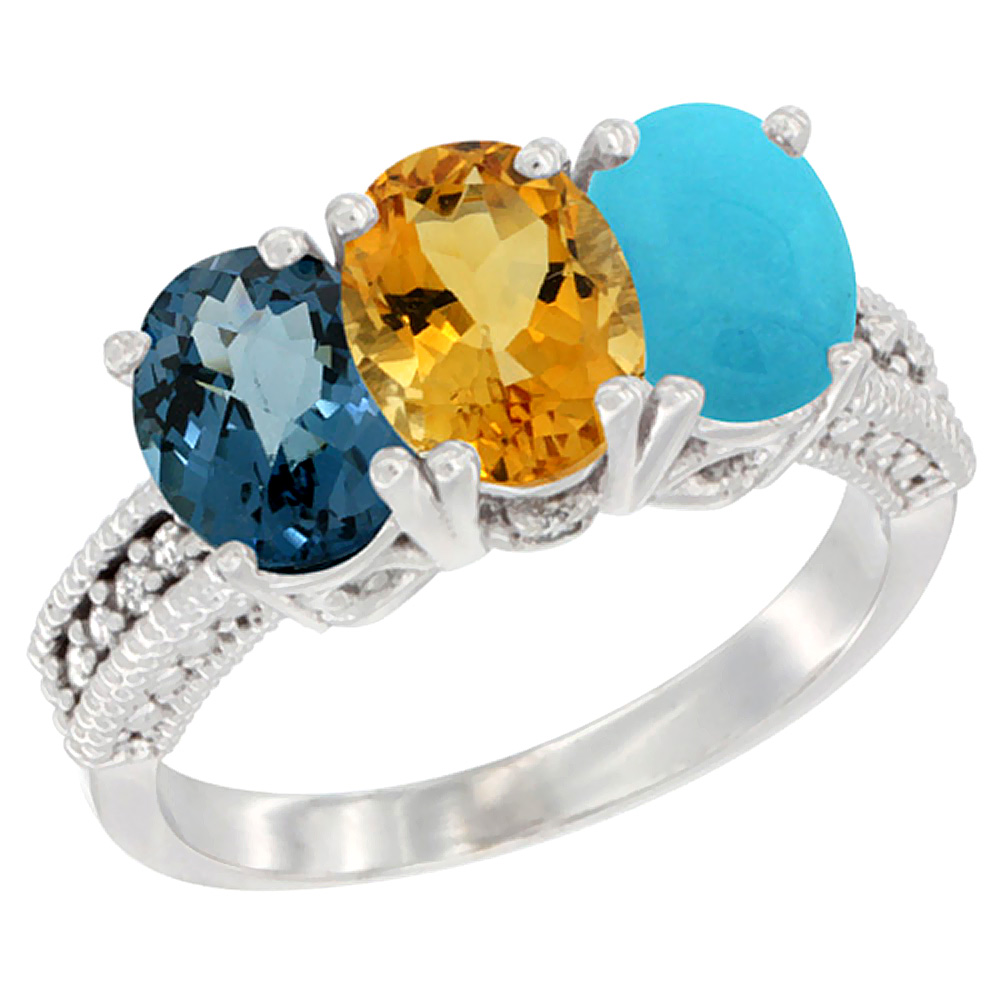 14K White Gold Natural London Blue Topaz, Citrine &amp; Turquoise Ring 3-Stone 7x5 mm Oval Diamond Accent, sizes 5 - 10