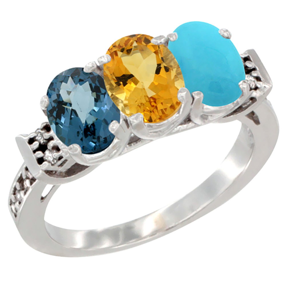10K White Gold Natural London Blue Topaz, Citrine &amp; Turquoise Ring 3-Stone Oval 7x5 mm Diamond Accent, sizes 5 - 10