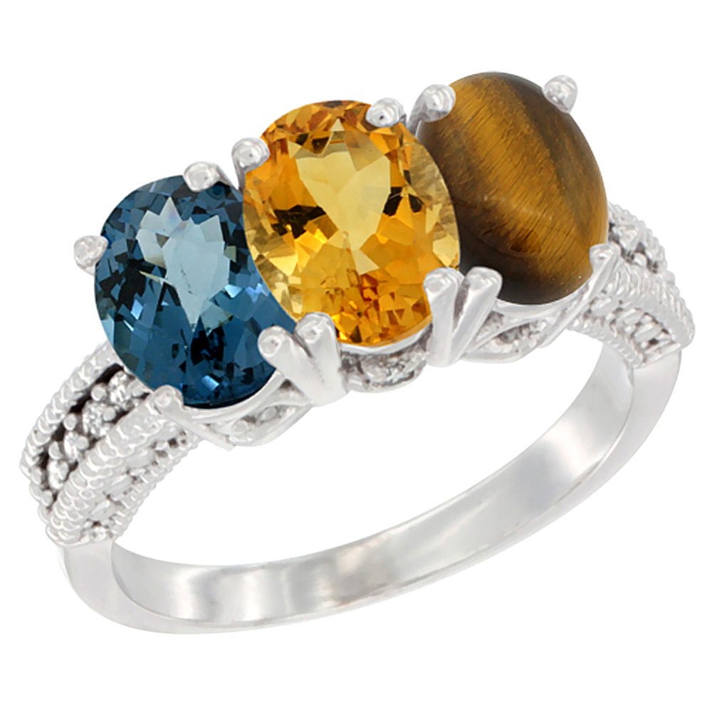 10K White Gold Natural London Blue Topaz, Citrine & Tiger Eye Ring 3-Stone Oval 7x5 mm Diamond Accent, sizes 5 - 10