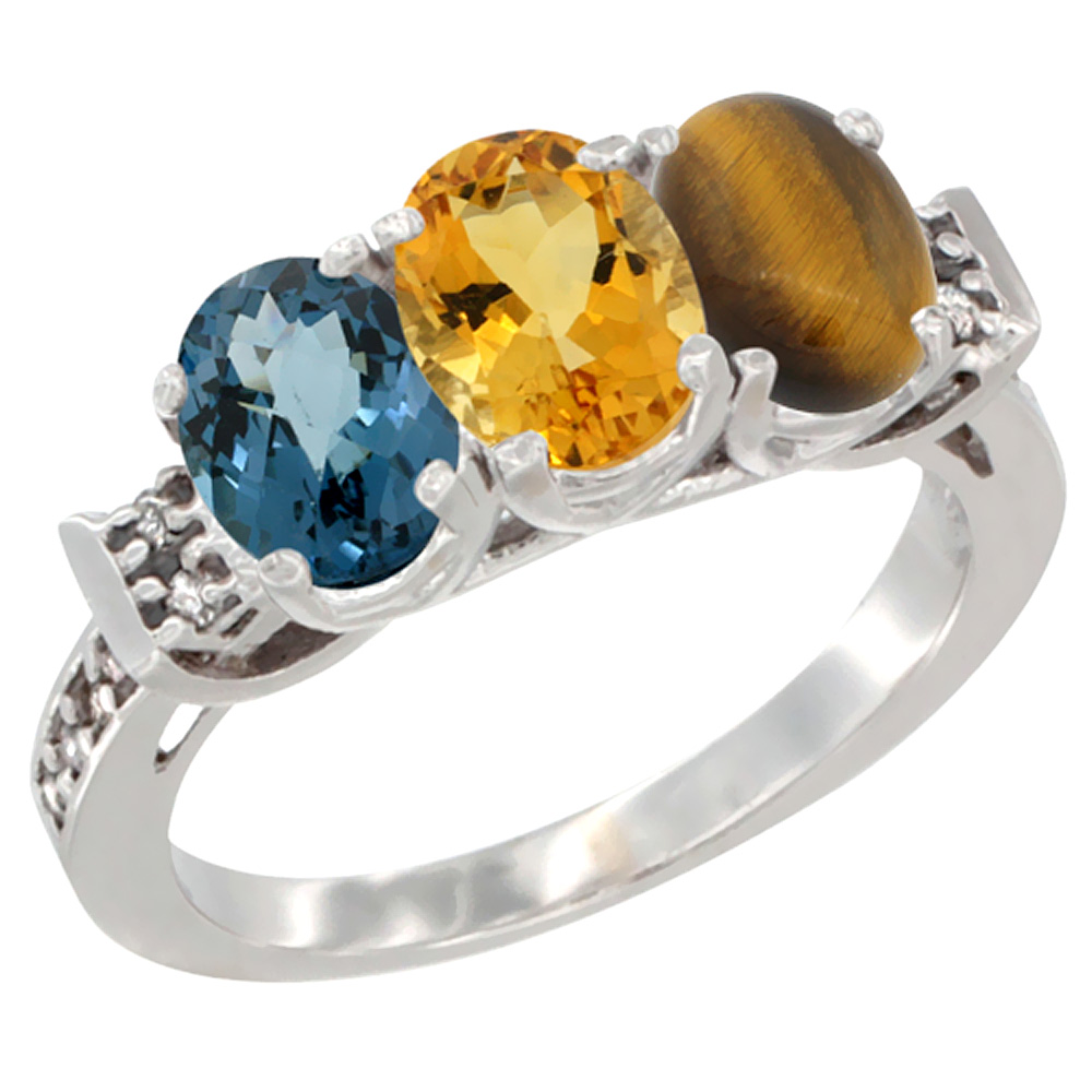 10K White Gold Natural London Blue Topaz, Citrine &amp; Tiger Eye Ring 3-Stone Oval 7x5 mm Diamond Accent, sizes 5 - 10
