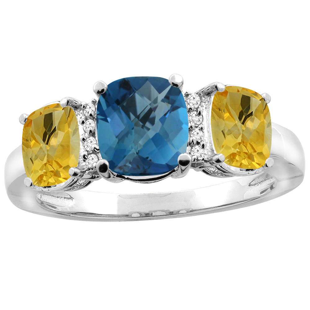 10K Yellow Gold Natural London Blue Topaz & Citrine 3-stone Ring Cushion 8x6mm Diamond Accent, sizes 5 - 10