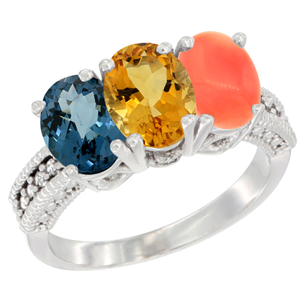 10K White Gold Natural London Blue Topaz, Citrine & Coral Ring 3-Stone Oval 7x5 mm Diamond Accent, sizes 5 - 10
