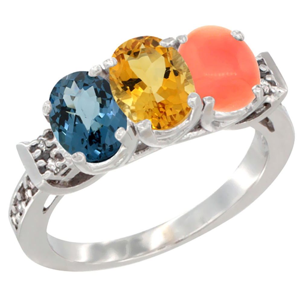 14K White Gold Natural London Blue Topaz, Citrine & Coral Ring 3-Stone 7x5 mm Oval Diamond Accent, sizes 5 - 10