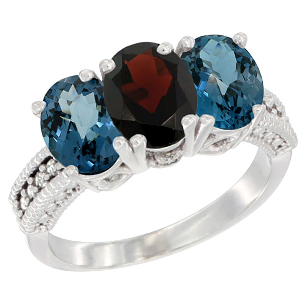 14K White Gold Natural Garnet & London Blue Topaz Sides Ring 3-Stone 7x5 mm Oval Diamond Accent, sizes 5 - 10