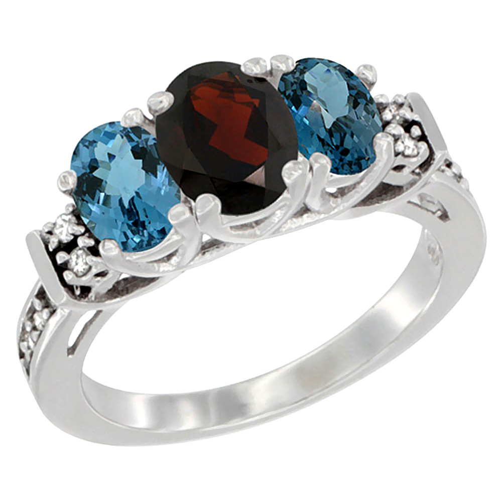 14K White Gold Natural Garnet & London Blue Ring 3-Stone Oval Diamond Accent, sizes 5-10