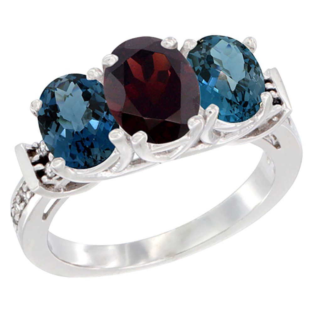 14K White Gold Natural Garnet &amp; London Blue Topaz Sides Ring 3-Stone Oval Diamond Accent, sizes 5 - 10