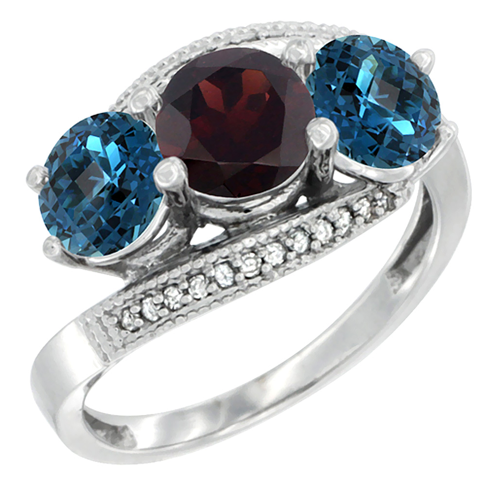 10K White Gold Natural Garnet &amp; London Blue Topaz Sides 3 stone Ring Round 6mm Diamond Accent, sizes 5 - 10