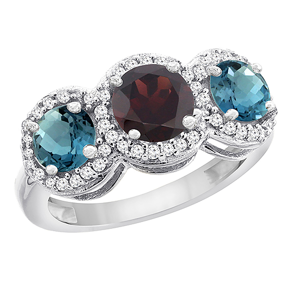 14K White Gold Natural Garnet &amp; London Blue Topaz Sides Round 3-stone Ring Diamond Accents, sizes 5 - 10