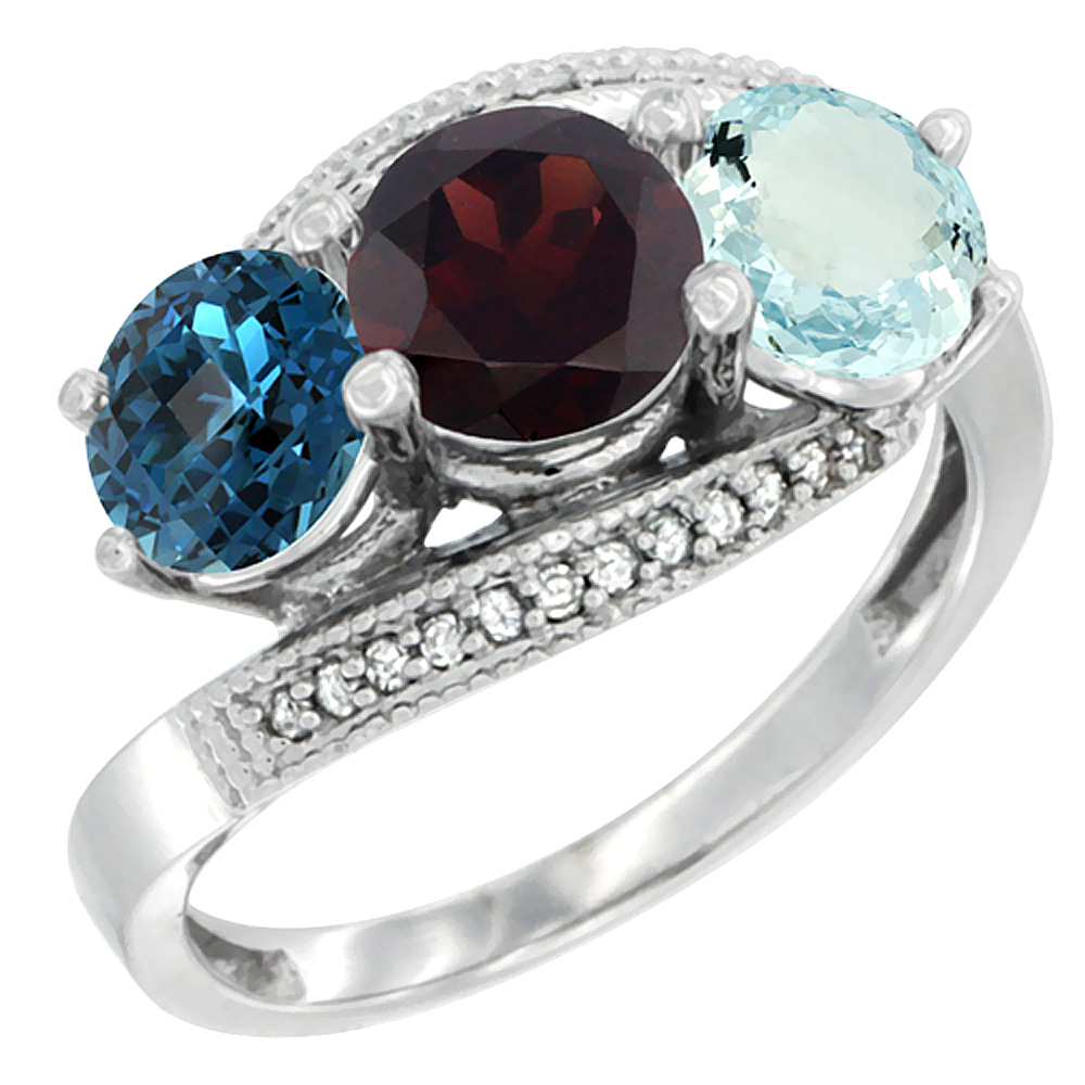 14K White Gold Natural London Blue Topaz, Garnet &amp; Aquamarine 3 stone Ring Round 6mm Diamond Accent, sizes 5 - 10