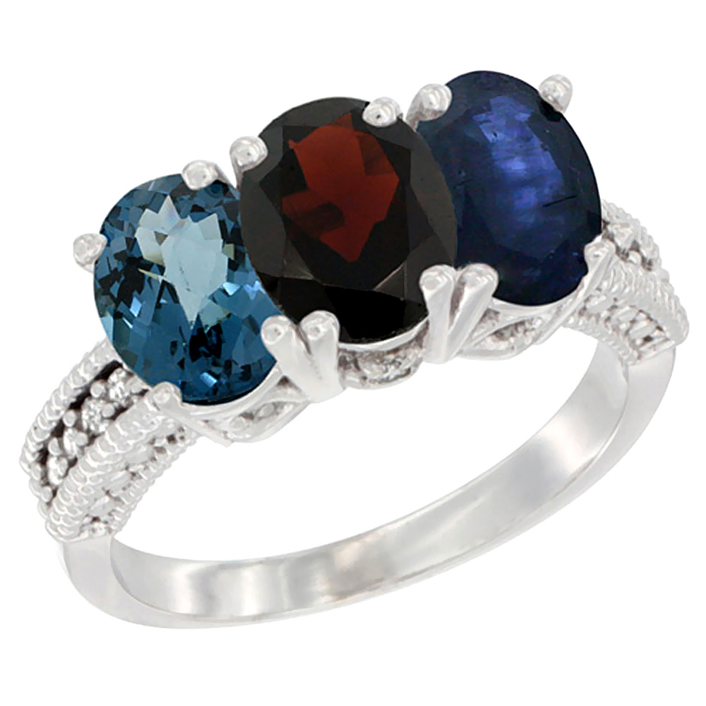 14K White Gold Natural London Blue Topaz, Garnet &amp; Blue Sapphire Ring 3-Stone 7x5 mm Oval Diamond Accent, sizes 5 - 10