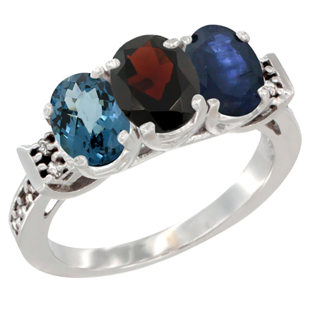 14K White Gold Natural London Blue Topaz, Garnet &amp; Blue Sapphire Ring 3-Stone 7x5 mm Oval Diamond Accent, sizes 5 - 10