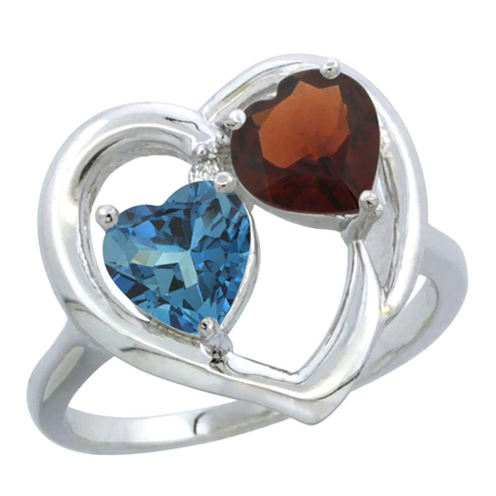 14K White Gold Diamond Two-stone Heart Ring 6mm Natural London Blue Topaz &amp; Garnet, sizes 5-10