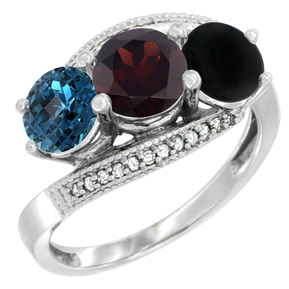 14K White Gold Natural London Blue Topaz, Garnet &amp; Black Onyx 3 stone Ring Round 6mm Diamond Accent, sizes 5 - 10