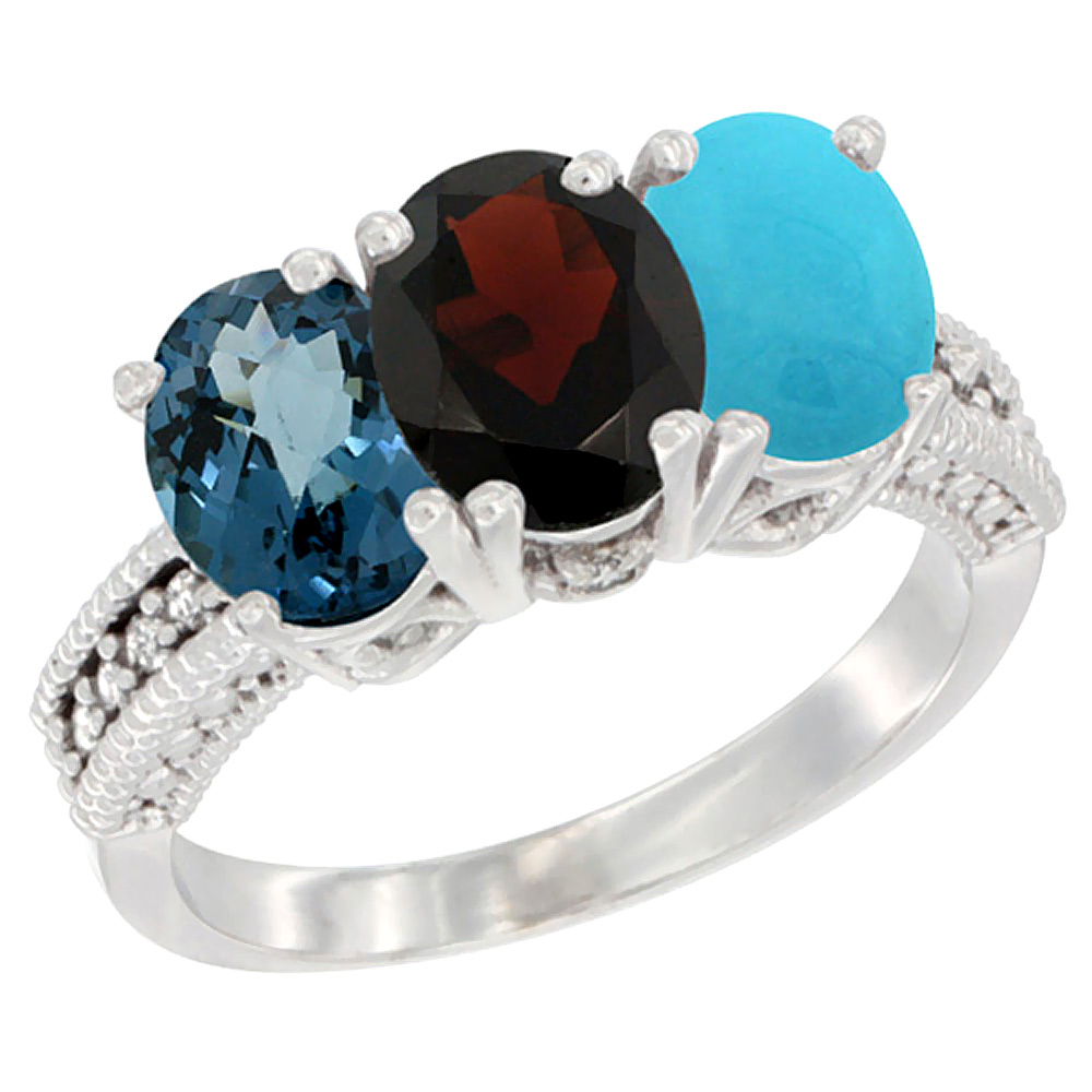 10K White Gold Natural London Blue Topaz, Garnet &amp; Turquoise Ring 3-Stone Oval 7x5 mm Diamond Accent, sizes 5 - 10