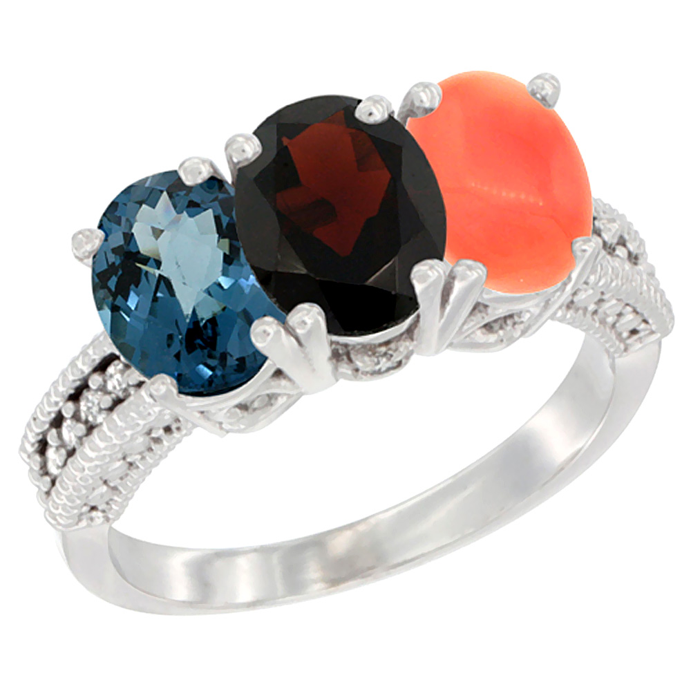 10K White Gold Natural London Blue Topaz, Garnet & Coral Ring 3-Stone Oval 7x5 mm Diamond Accent, sizes 5 - 10