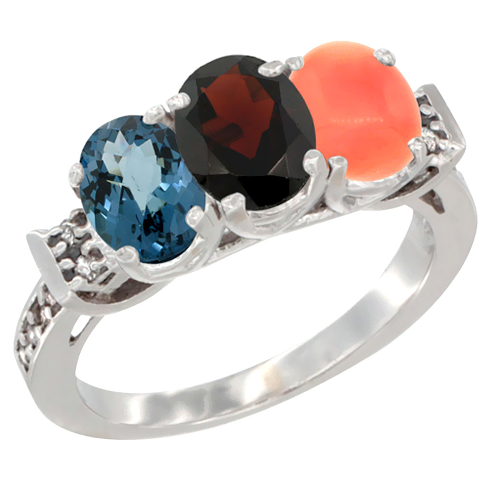 14K White Gold Natural London Blue Topaz, Garnet & Coral Ring 3-Stone 7x5 mm Oval Diamond Accent, sizes 5 - 10