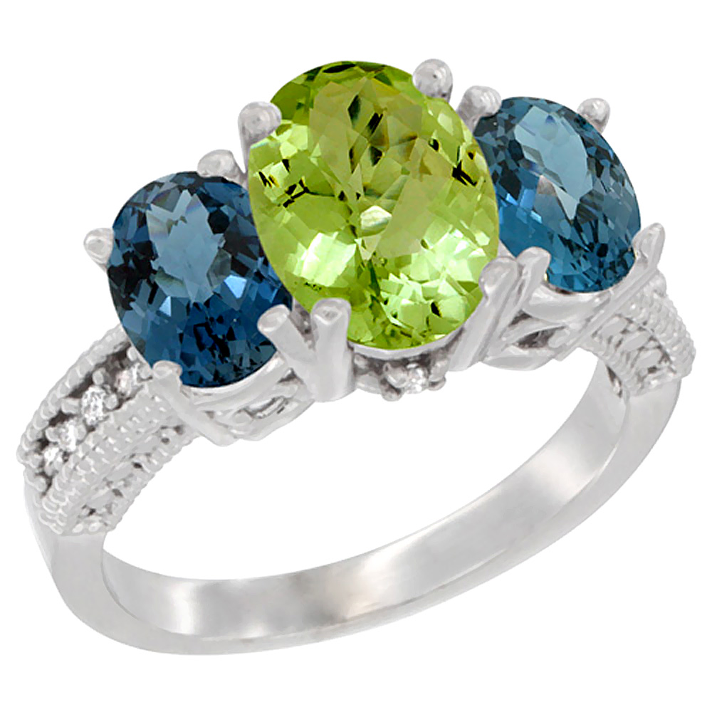 10K White Gold Diamond Natural Peridot Ring 3-Stone Oval 8x6mm with London Blue Topaz, sizes5-10
