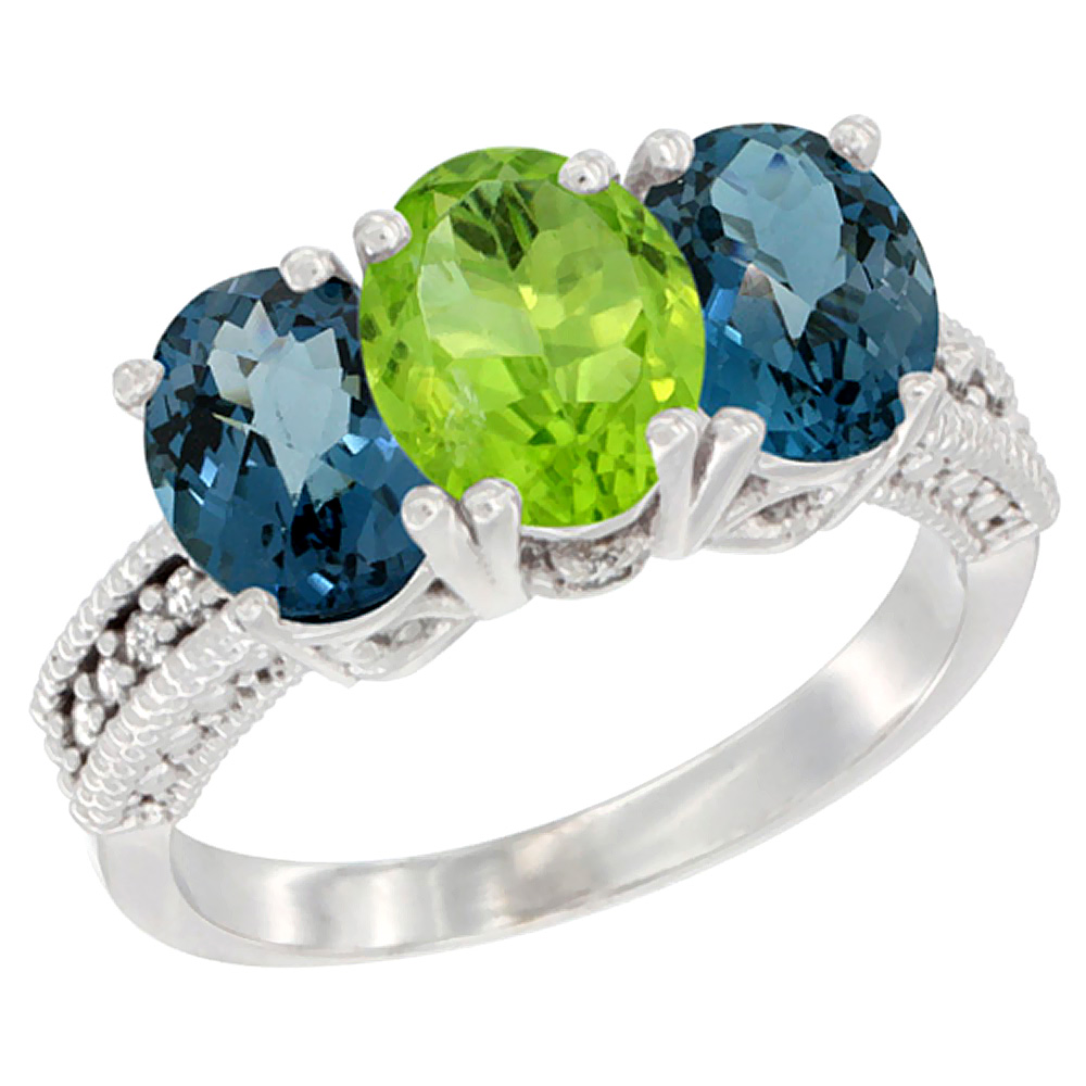 10K White Gold Natural Peridot &amp; London Blue Topaz Sides Ring 3-Stone Oval 7x5 mm Diamond Accent, sizes 5 - 10