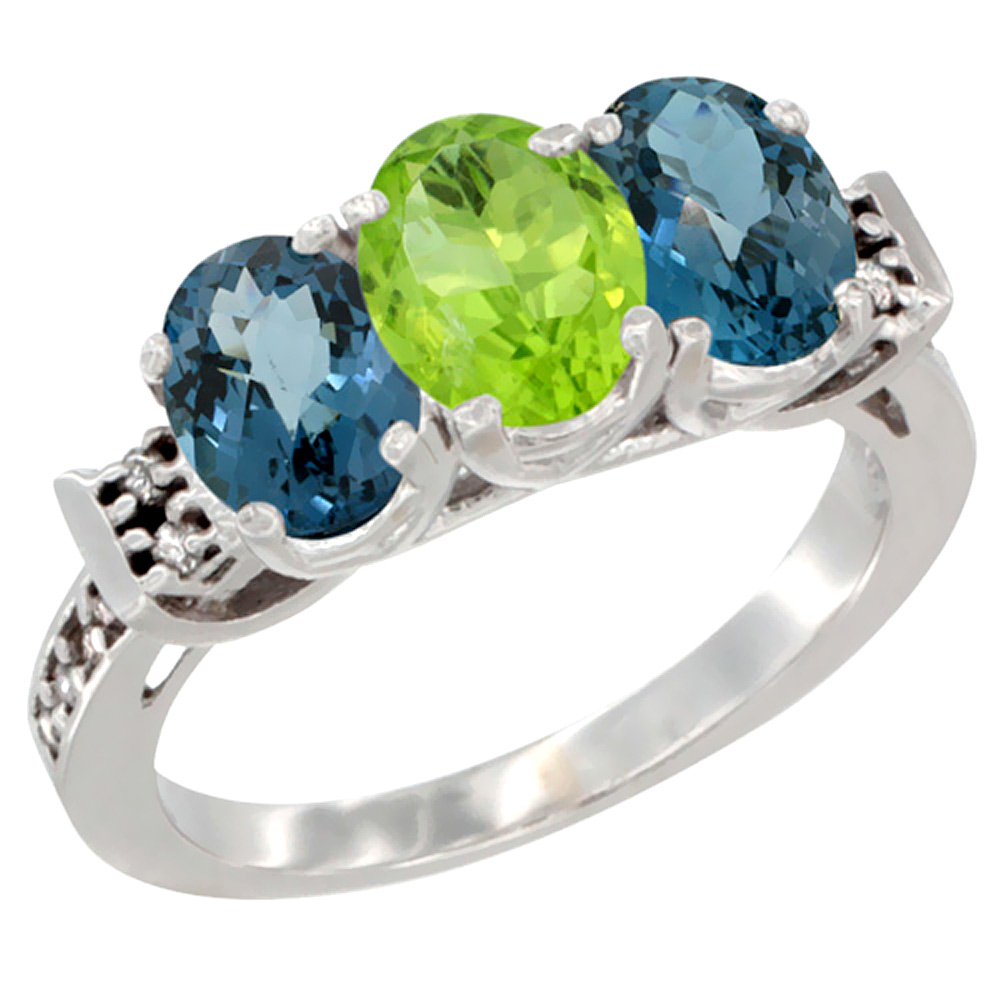 14K White Gold Natural Peridot &amp; London Blue Topaz Sides Ring 3-Stone 7x5 mm Oval Diamond Accent, sizes 5 - 10