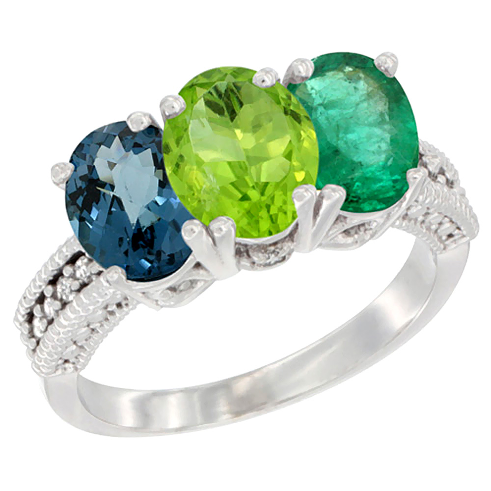 14K White Gold Natural London Blue Topaz, Peridot &amp; Emerald Ring 3-Stone 7x5 mm Oval Diamond Accent, sizes 5 - 10