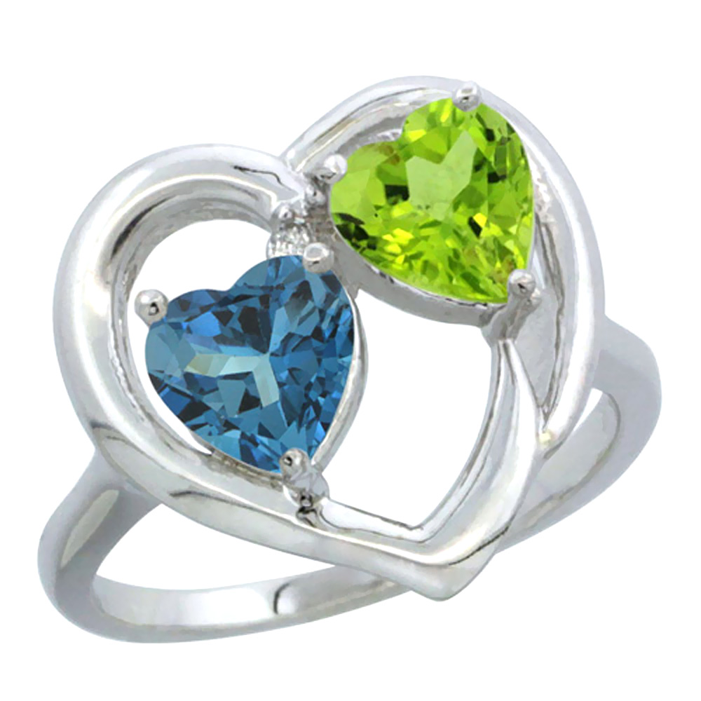 14K White Gold Diamond Two-stone Heart Ring 6mm Natural London Blue Topaz &amp; Peridot, sizes 5-10