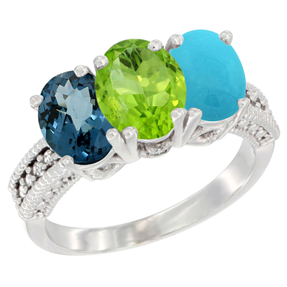 14K White Gold Natural London Blue Topaz, Peridot &amp; Turquoise Ring 3-Stone 7x5 mm Oval Diamond Accent, sizes 5 - 10