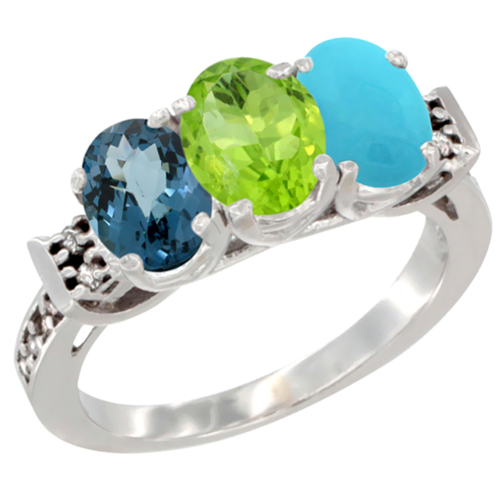 14K White Gold Natural London Blue Topaz, Peridot &amp; Turquoise Ring 3-Stone 7x5 mm Oval Diamond Accent, sizes 5 - 10