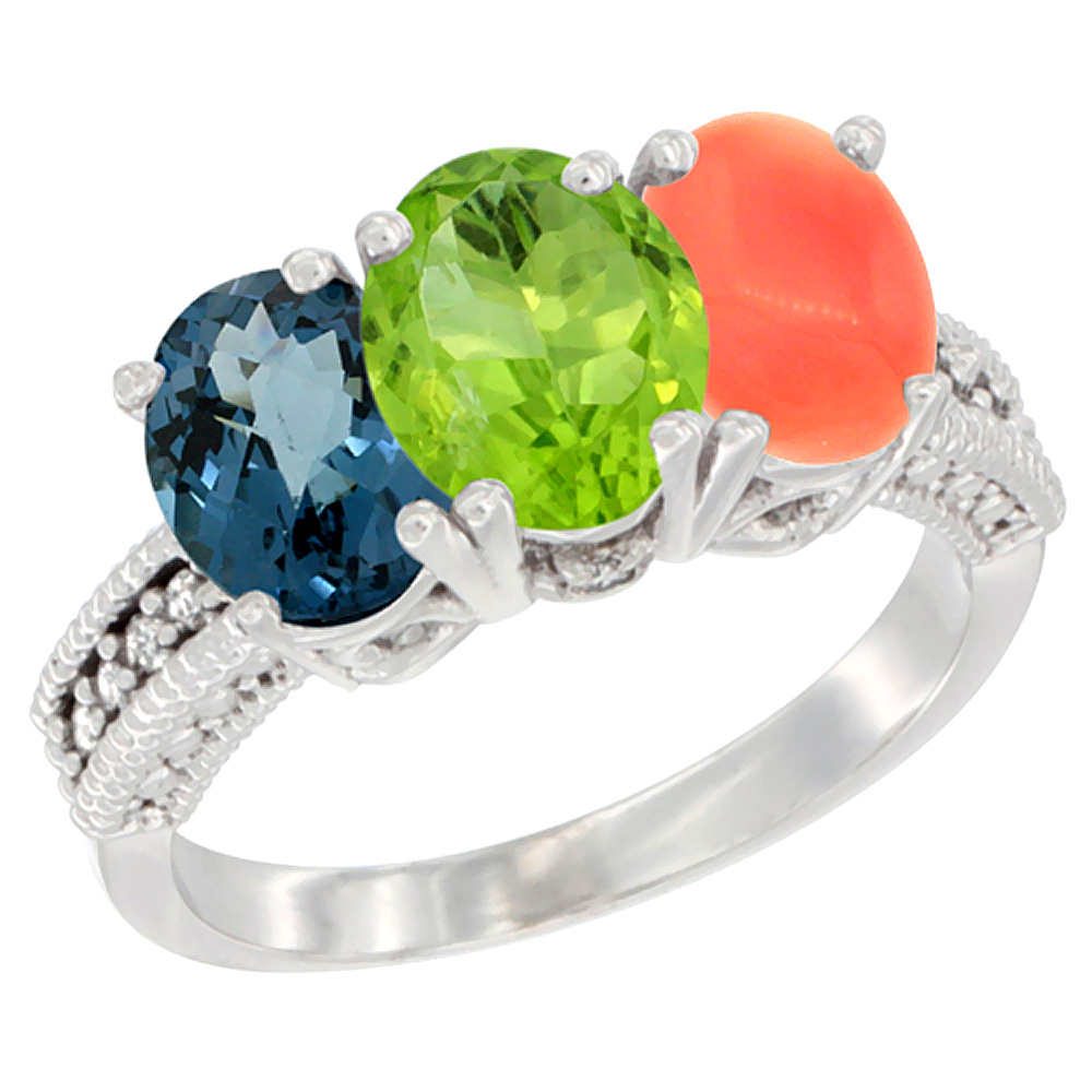 14K White Gold Natural London Blue Topaz, Peridot &amp; Coral Ring 3-Stone 7x5 mm Oval Diamond Accent, sizes 5 - 10