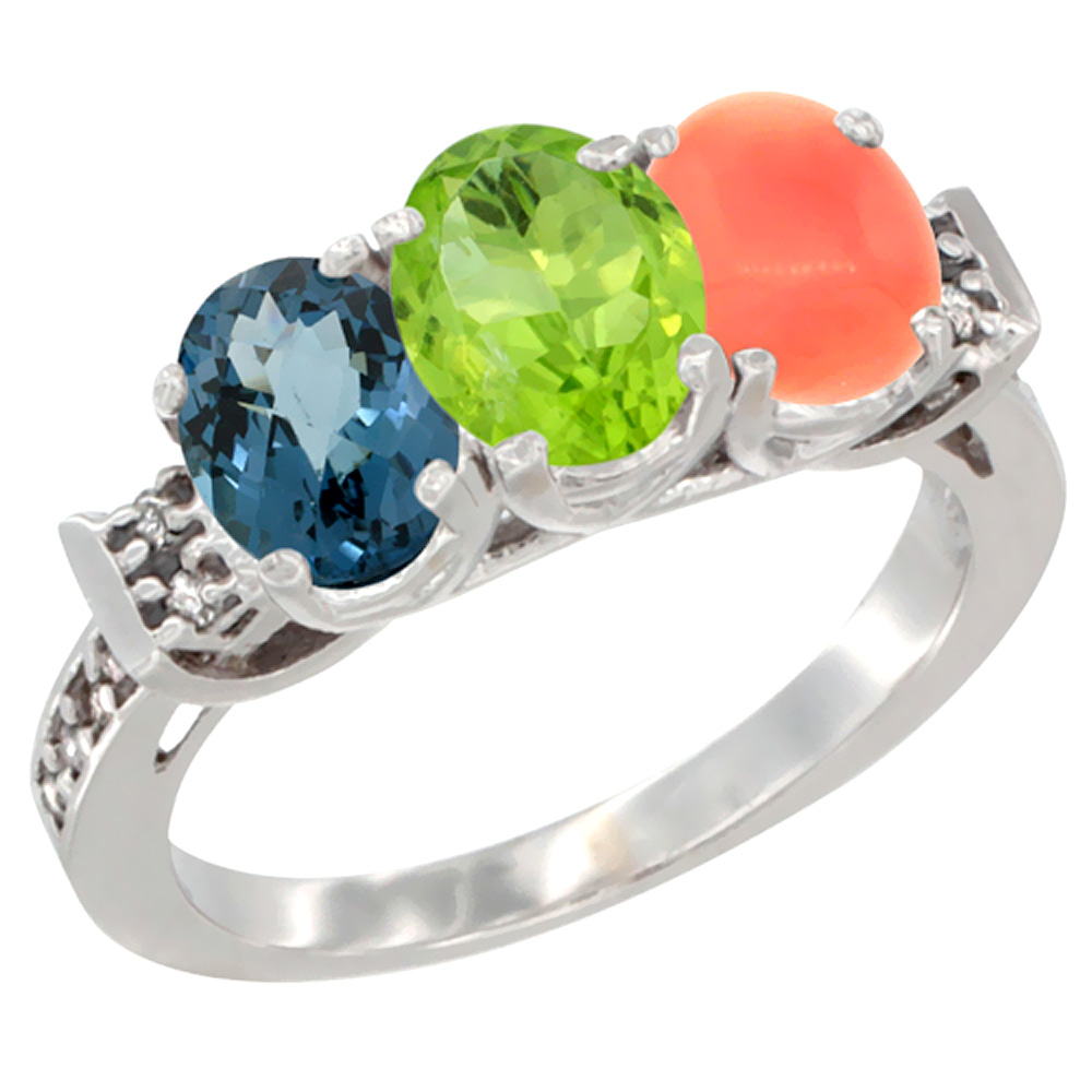 10K White Gold Natural London Blue Topaz, Peridot &amp; Coral Ring 3-Stone Oval 7x5 mm Diamond Accent, sizes 5 - 10