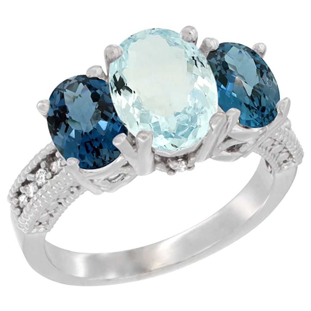 14K White Gold Diamond Natural Aquamarine Ring 3-Stone Oval 8x6mm with London Blue Topaz, sizes5-10