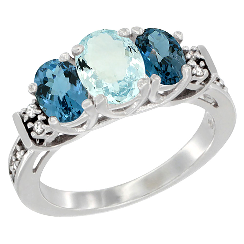 14K White Gold Natural Aquamarine &amp; London Blue Ring 3-Stone Oval Diamond Accent, sizes 5-10